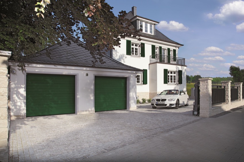 double-green-sectional-garage doors